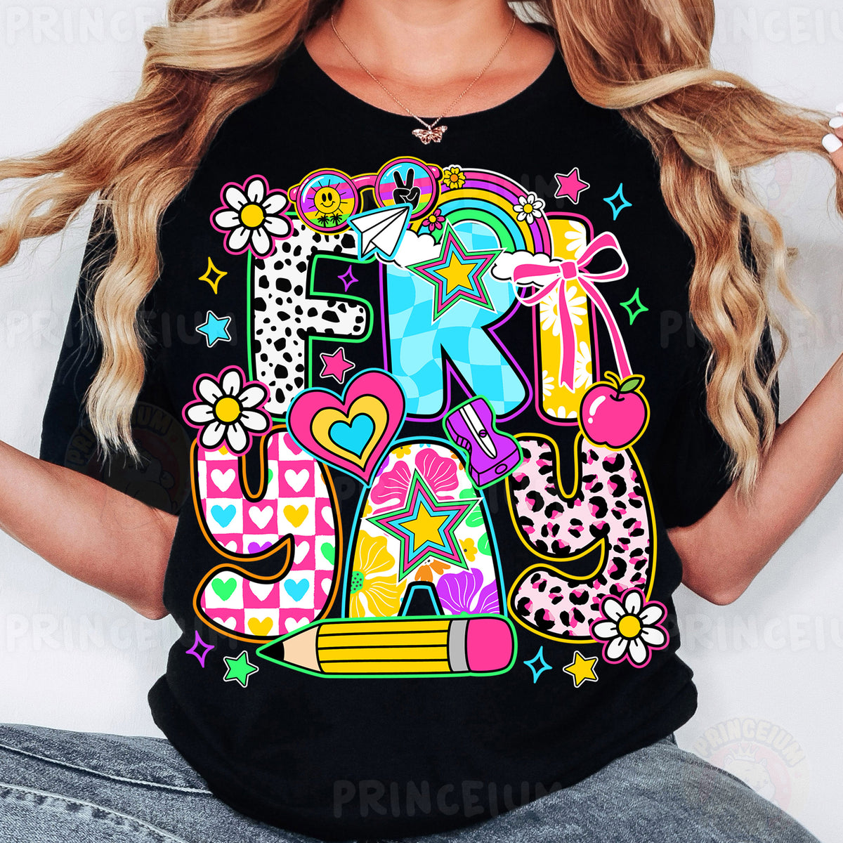 a woman wearing a black t - shirt with the letter k on it