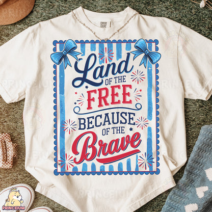 a t - shirt that says land of the free because of the brave