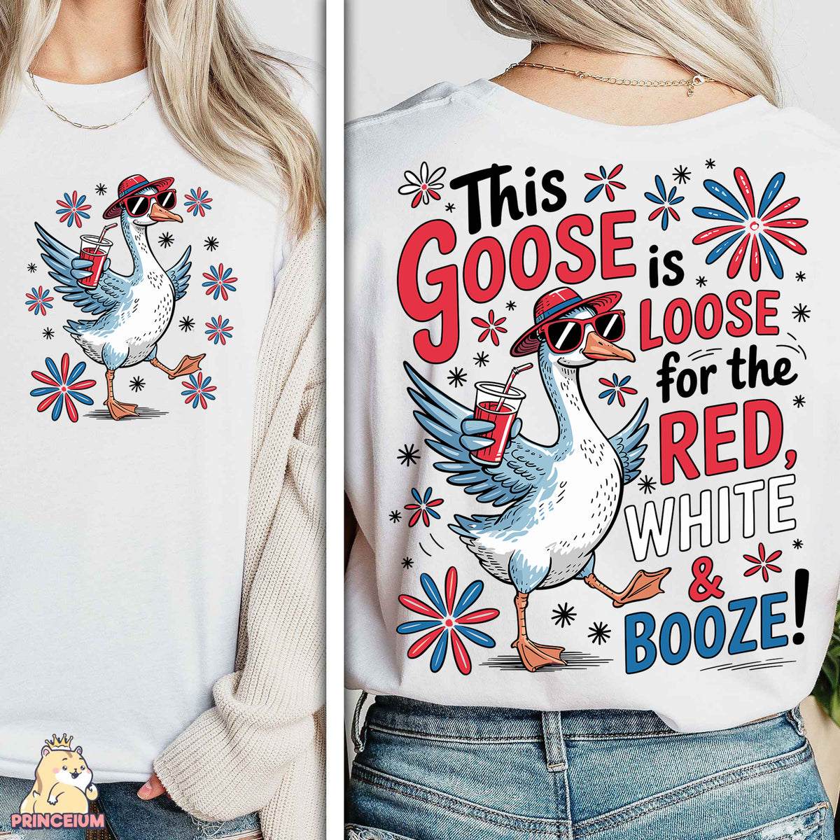 a woman wearing a white t - shirt with a red, white and blue graphic