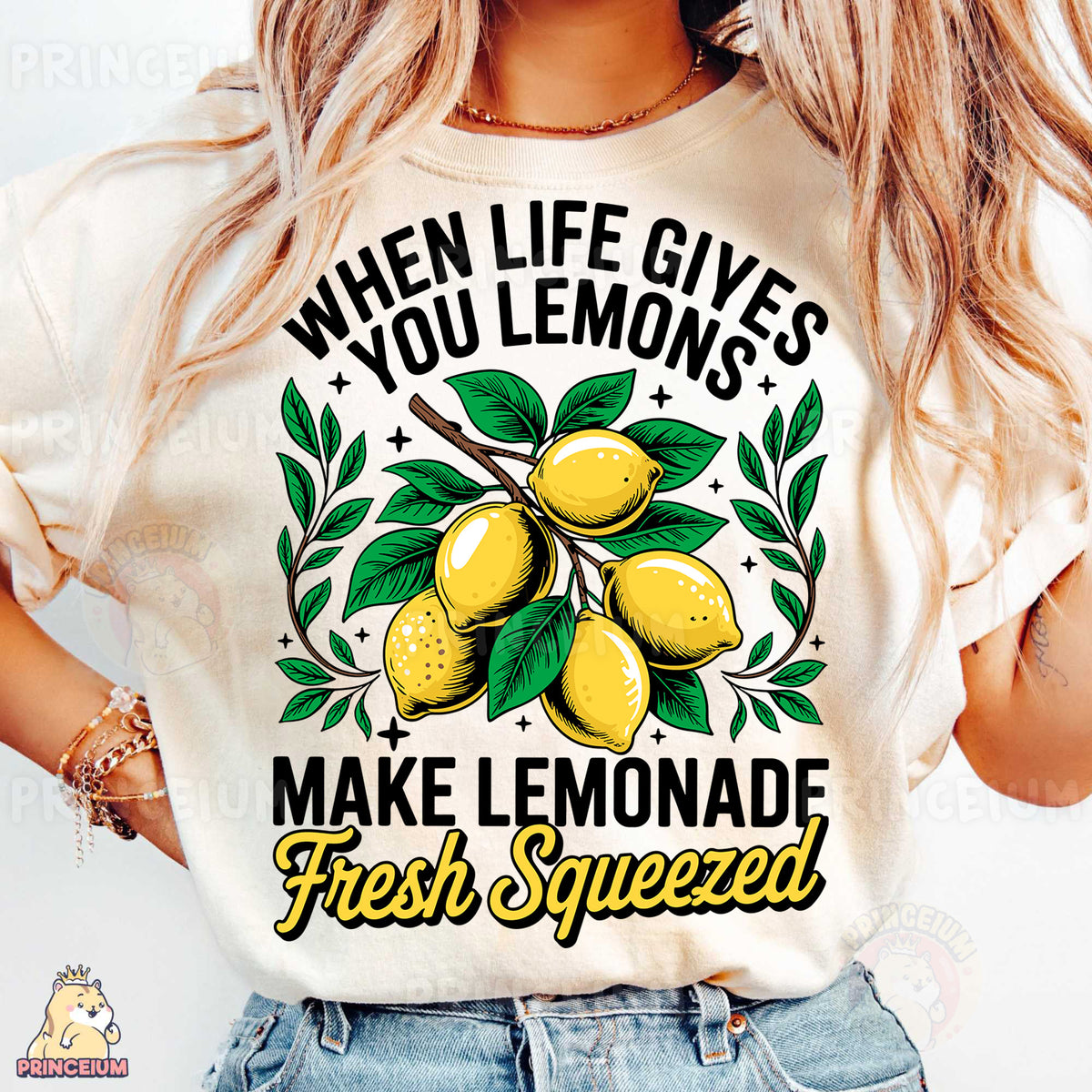 a woman wearing a t - shirt that says when life gives you lemons make