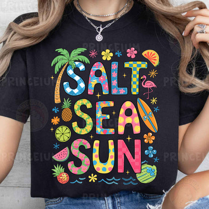 a woman wearing a t - shirt that says salt sea sun