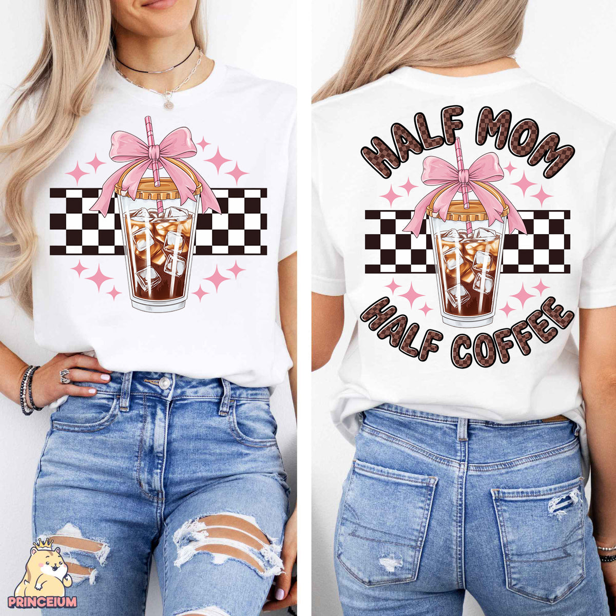 a woman wearing a half mom half coffee shirt