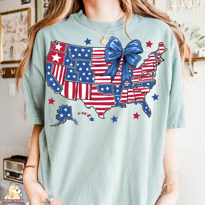 a woman wearing a t - shirt with the american map on it