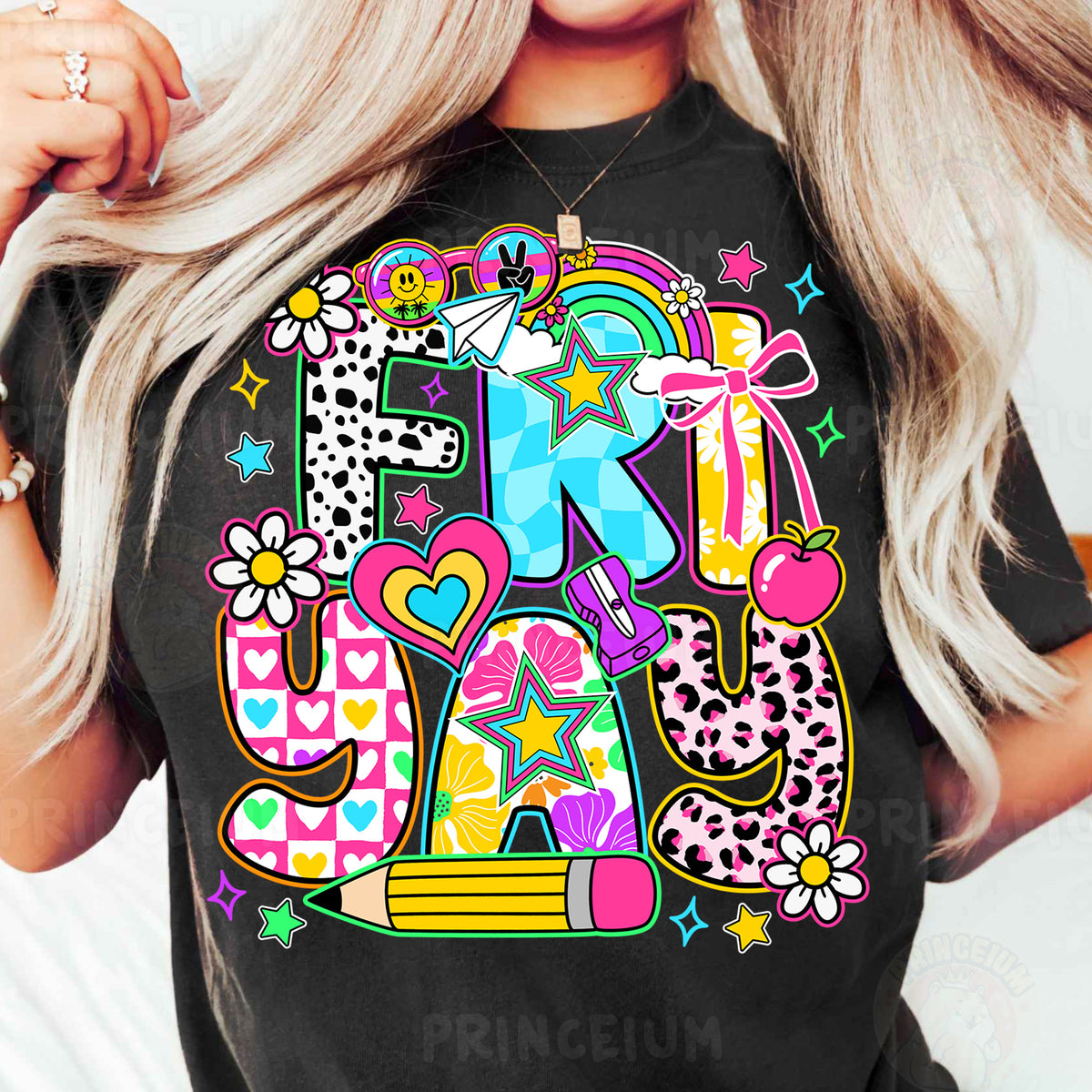 a woman wearing a black t - shirt with colorful letters