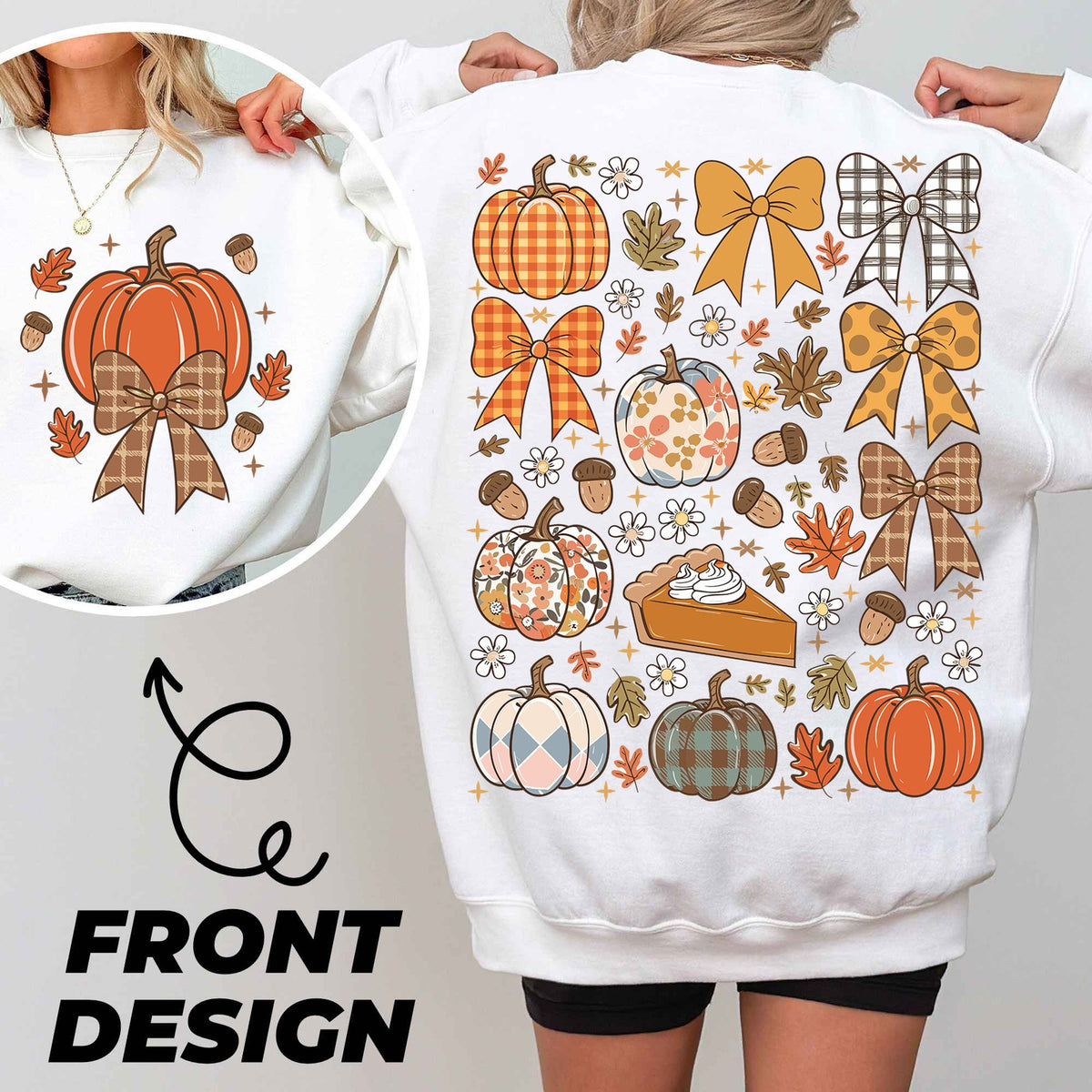 Coquette Fall Pumpkin Bows Front and Back