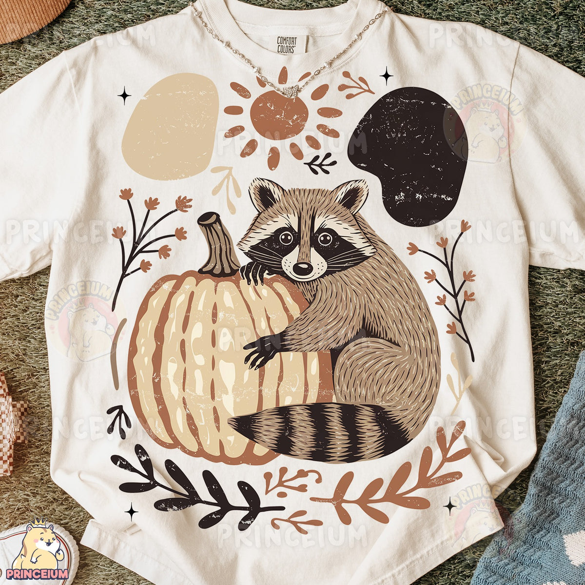 Cozy Raccoon Hugging Pumpkin