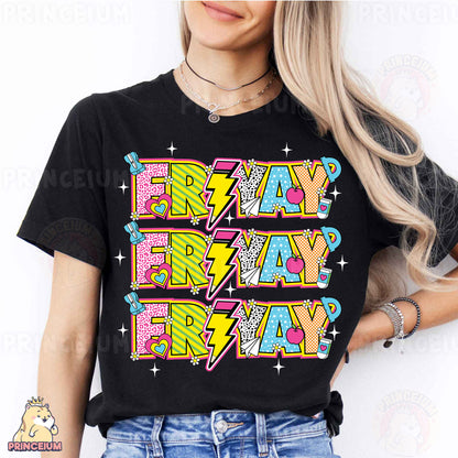 a woman wearing a black t - shirt with the words crazy friday on it
