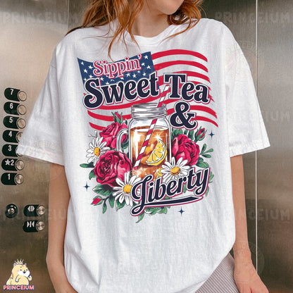 a woman wearing a t - shirt that says sweet tea and liberty