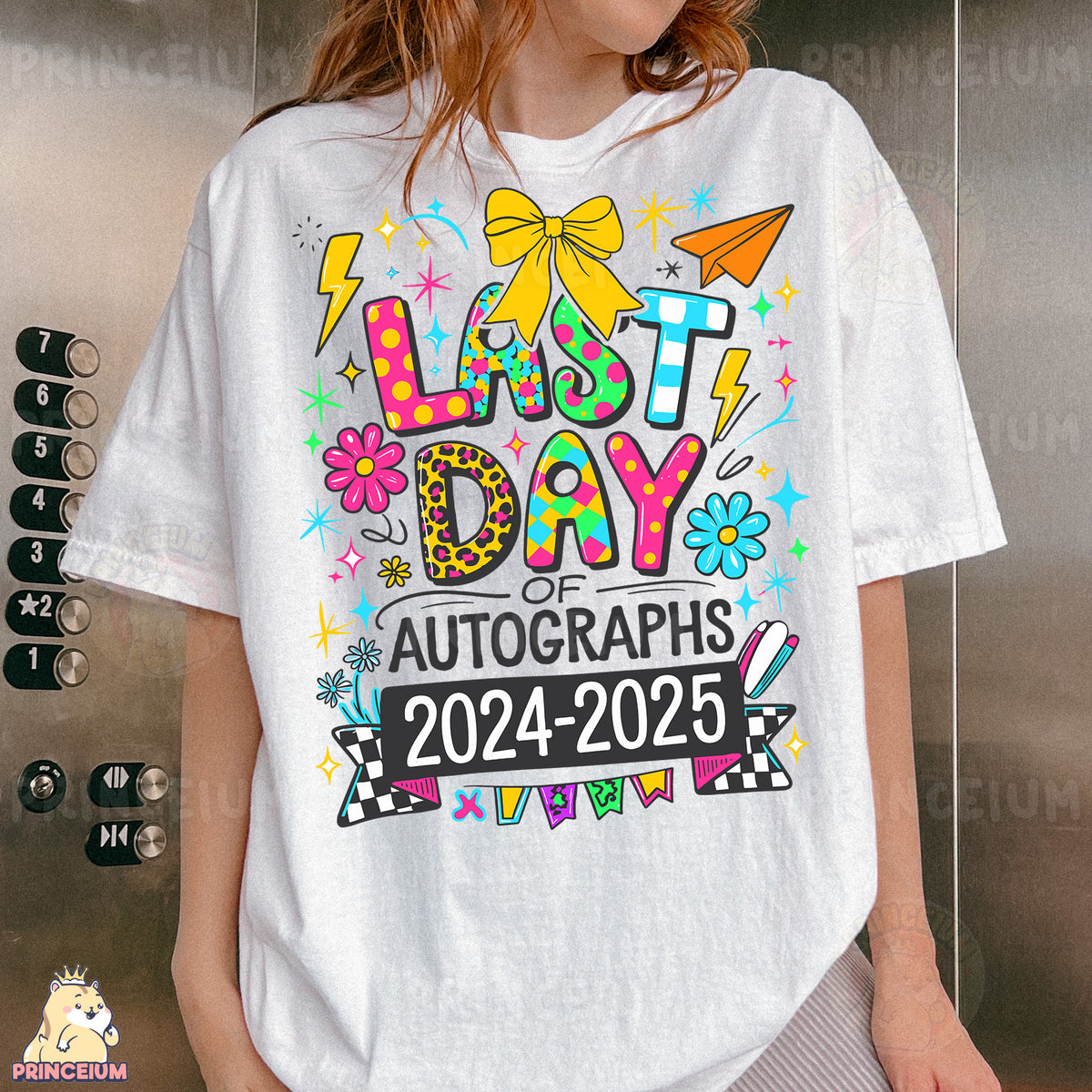 a woman wearing a t - shirt that says last day of autographs