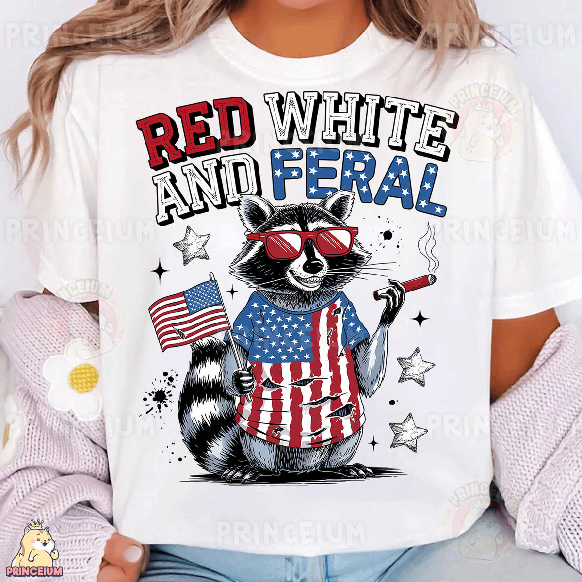a woman wearing a white shirt with a raccoon and american flag on it