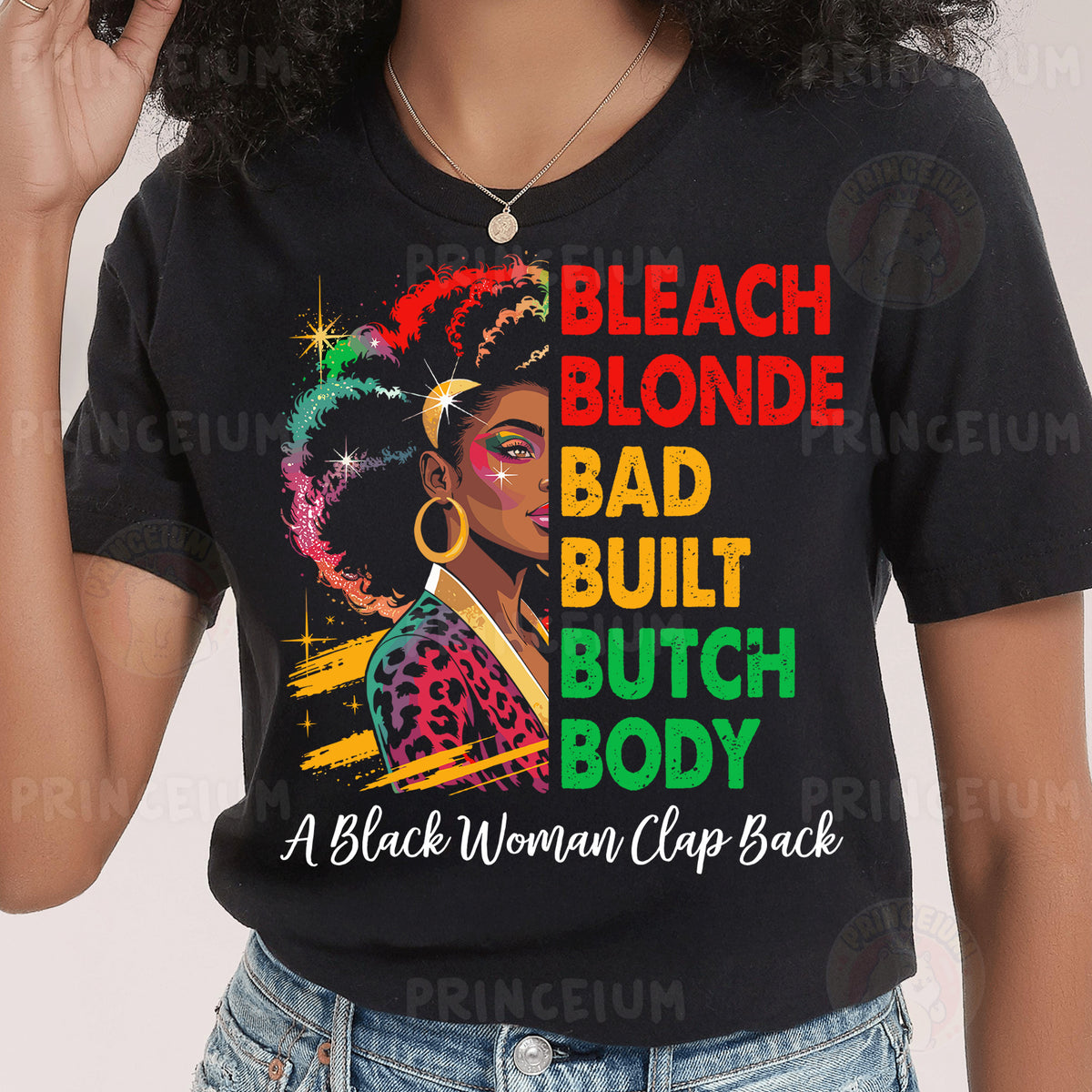 a woman wearing a black t - shirt that says bleach blonde, bad