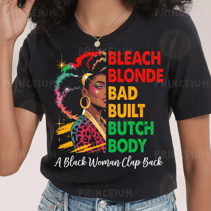 a woman wearing a black t - shirt that says bleach blonde, bad