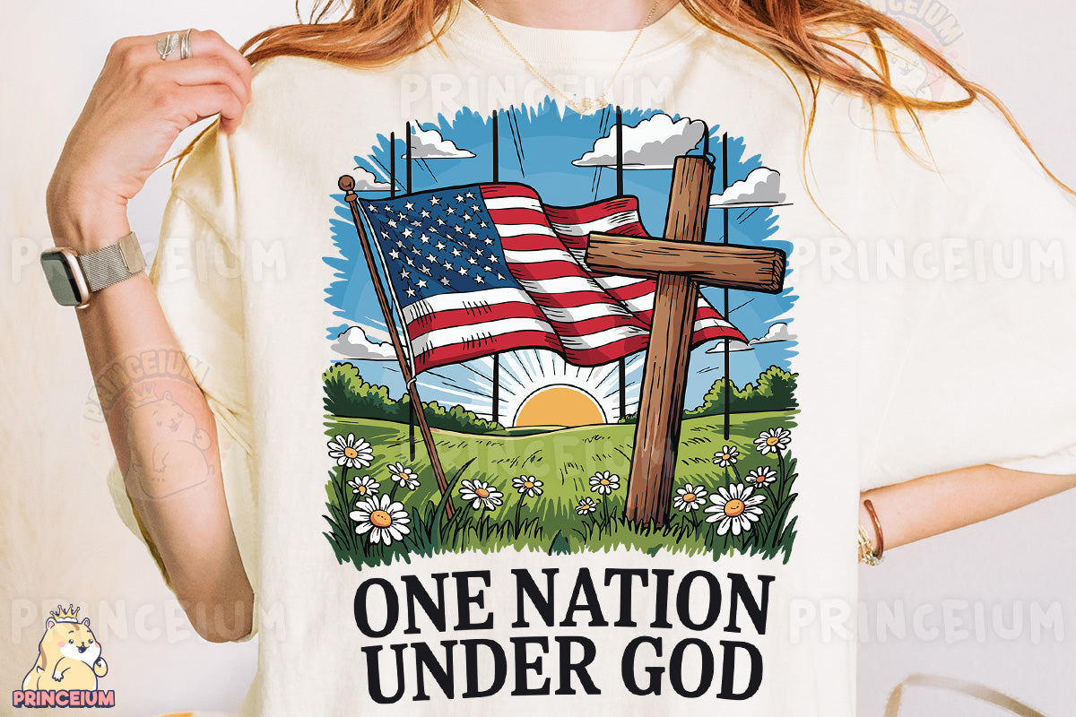 a woman wearing a t - shirt with a cross and an american flag