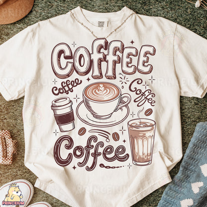 a t - shirt that says coffee and two cups of coffee