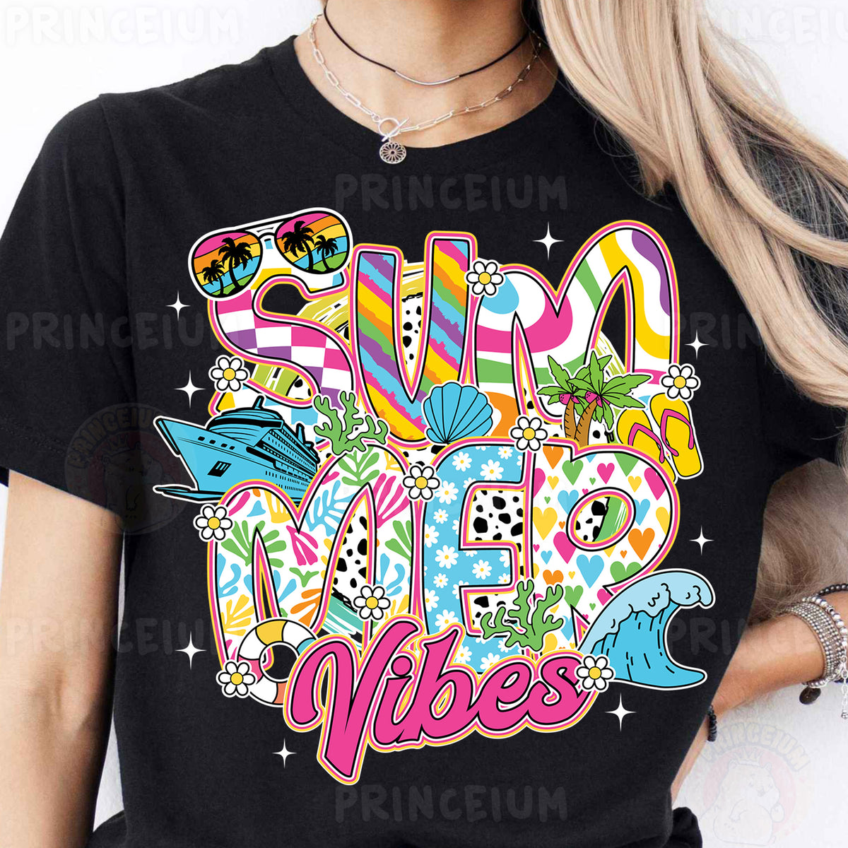 a woman wearing a black shirt that says surf me vibes