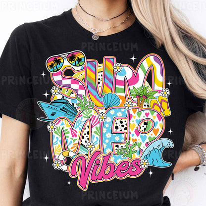 a woman wearing a black shirt that says surf me vibes