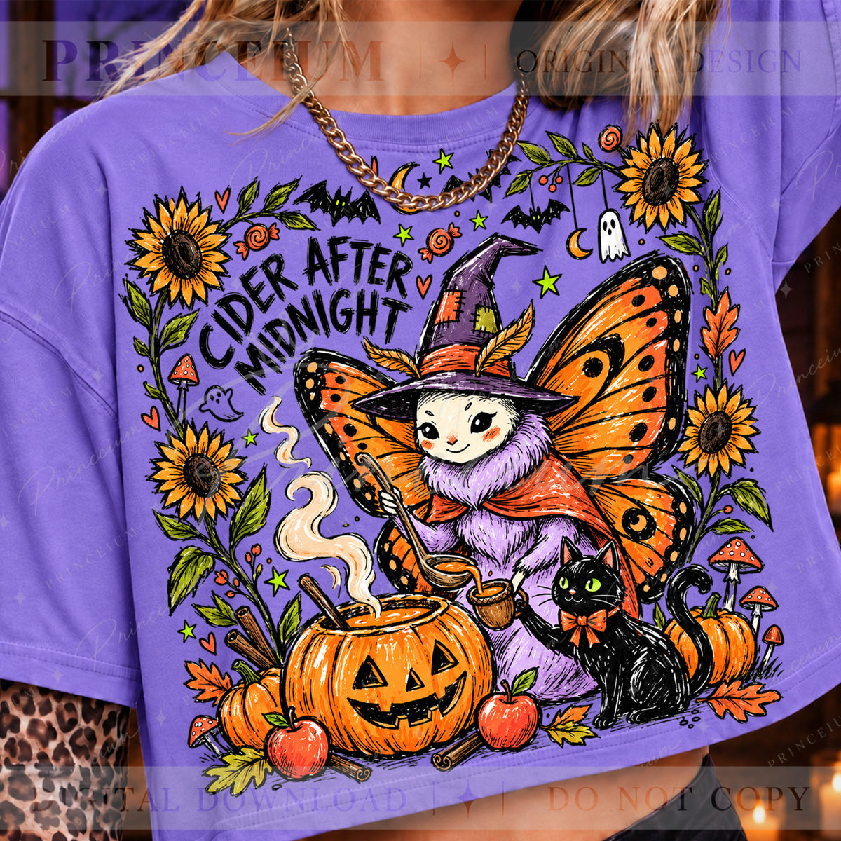 Cider After Midnight Halloween PNG – Butterfly Witch & Black Cat Design | Digital Download
