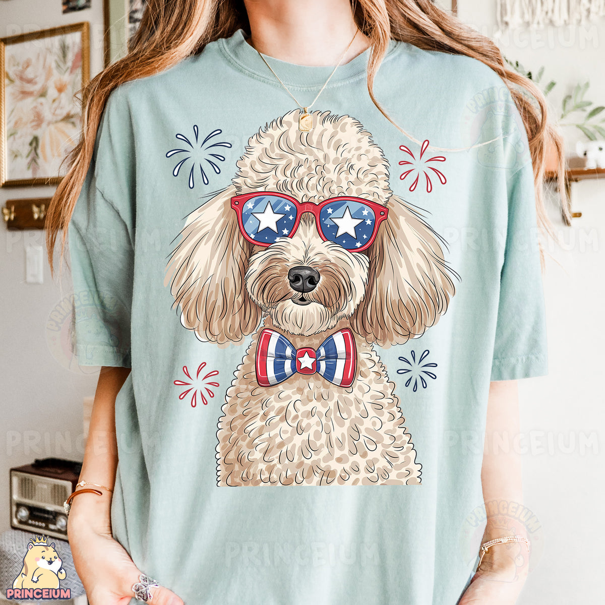 a woman wearing a t - shirt with a dog wearing sunglasses