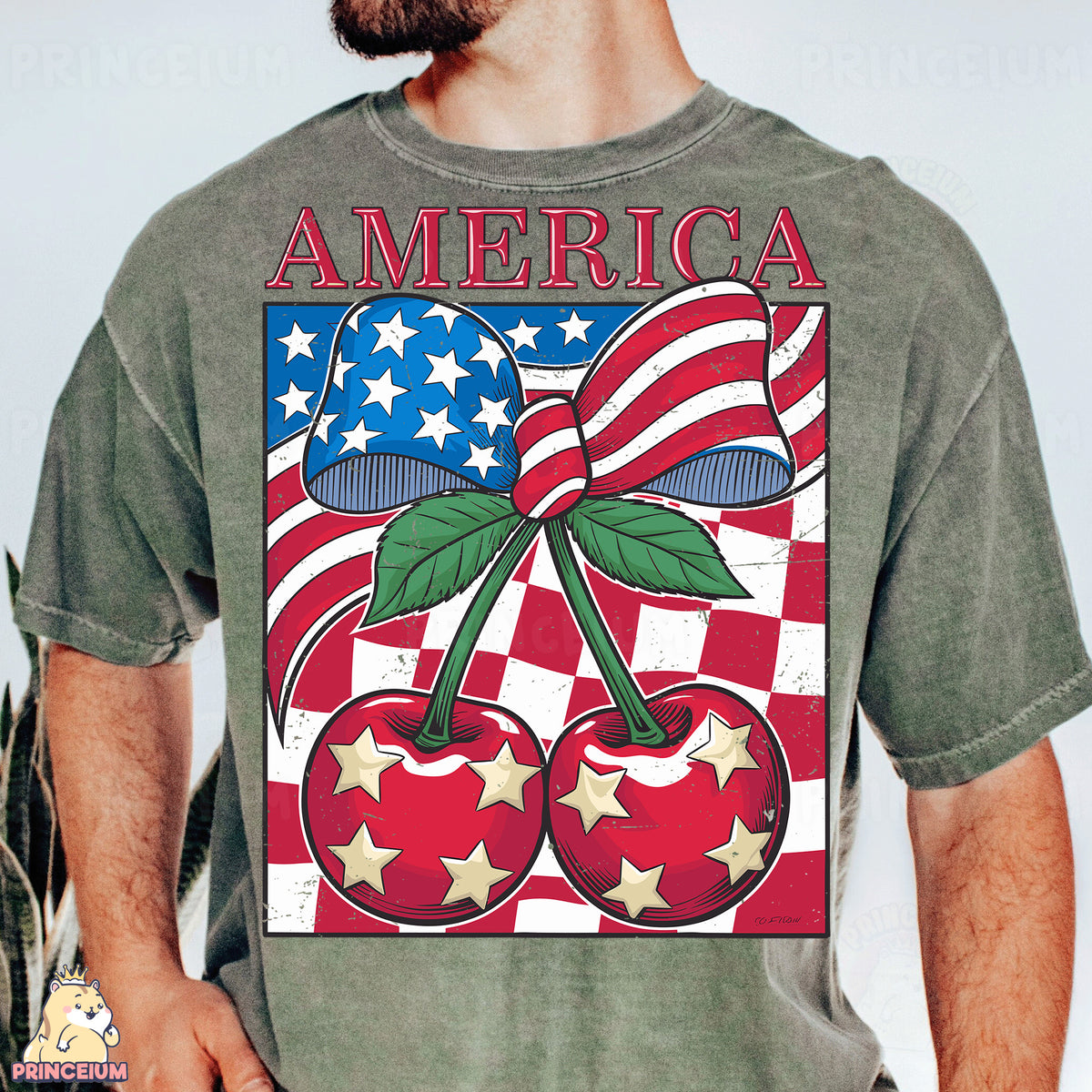 a man wearing an american cherry t - shirt