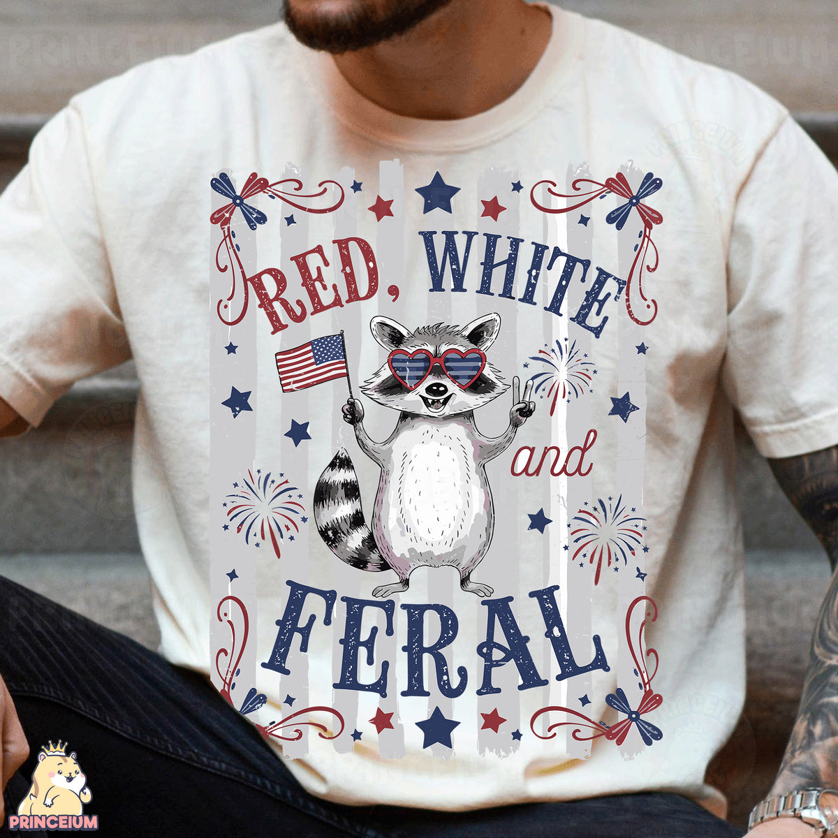 a man wearing a white shirt with a raccoon on it