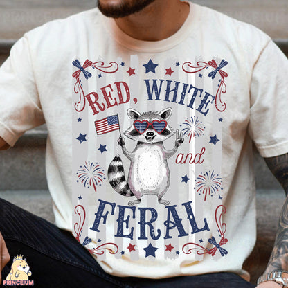 a man wearing a white shirt with a raccoon on it