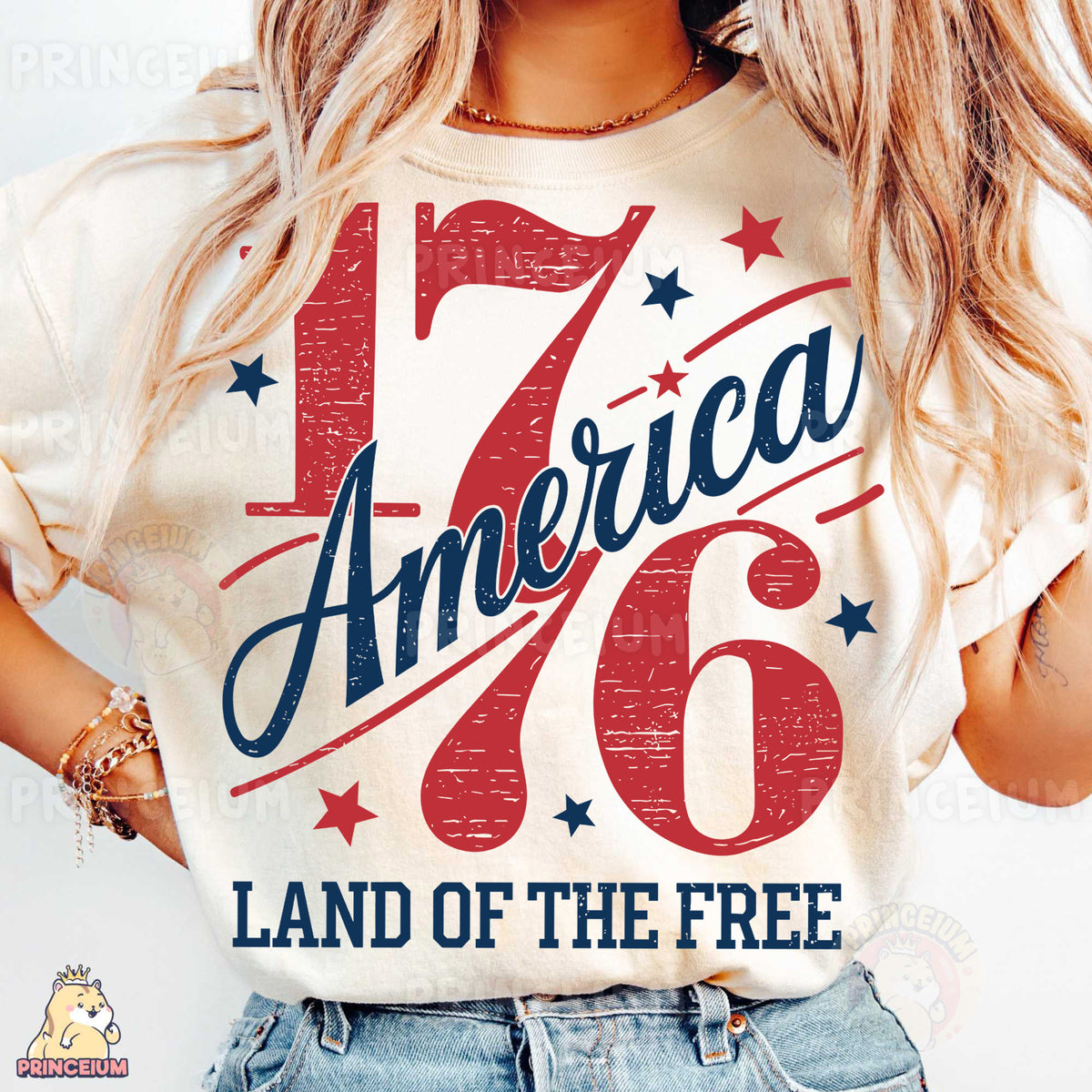a woman wearing a t - shirt that says america 76 land of the free