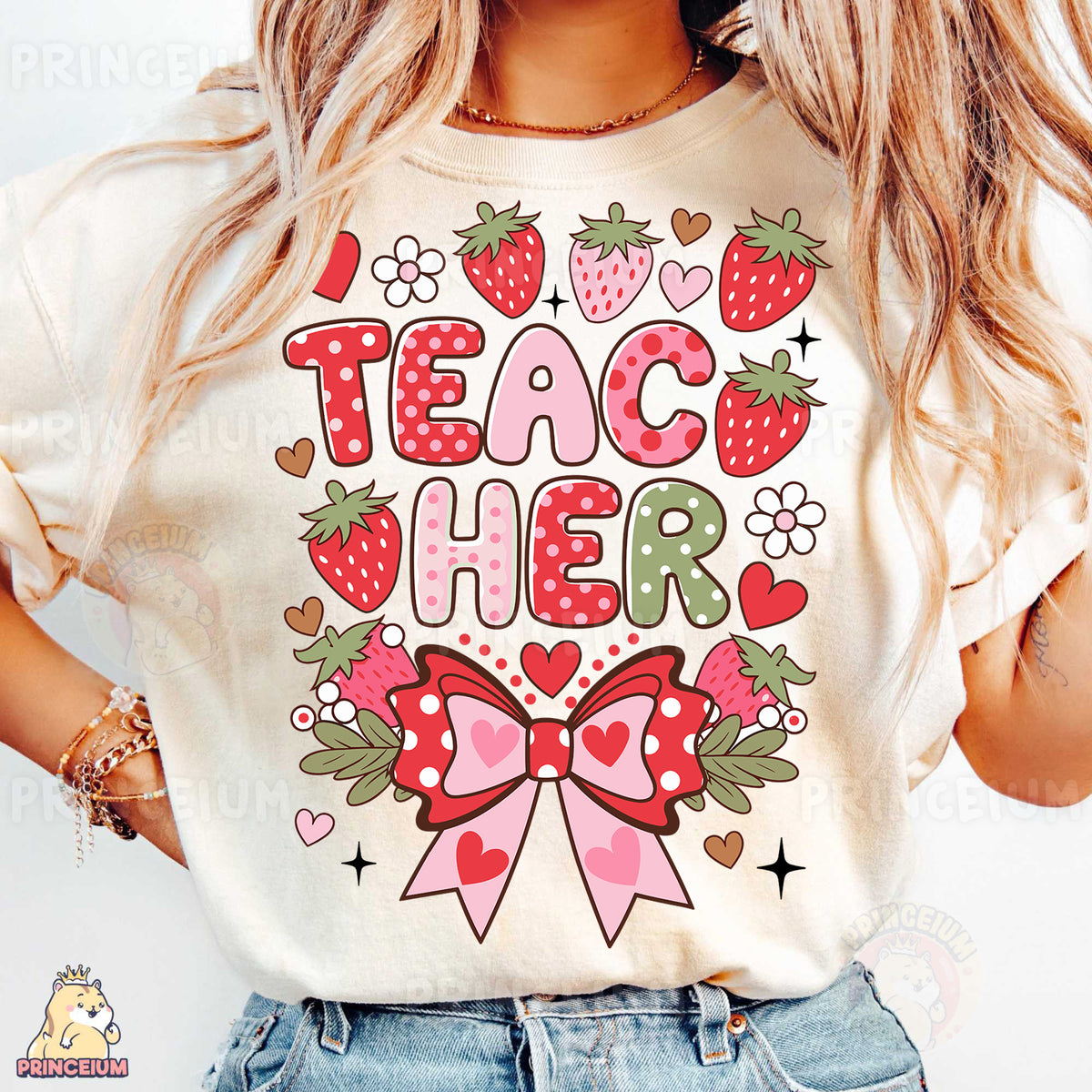 a woman wearing a t - shirt that says teach her
