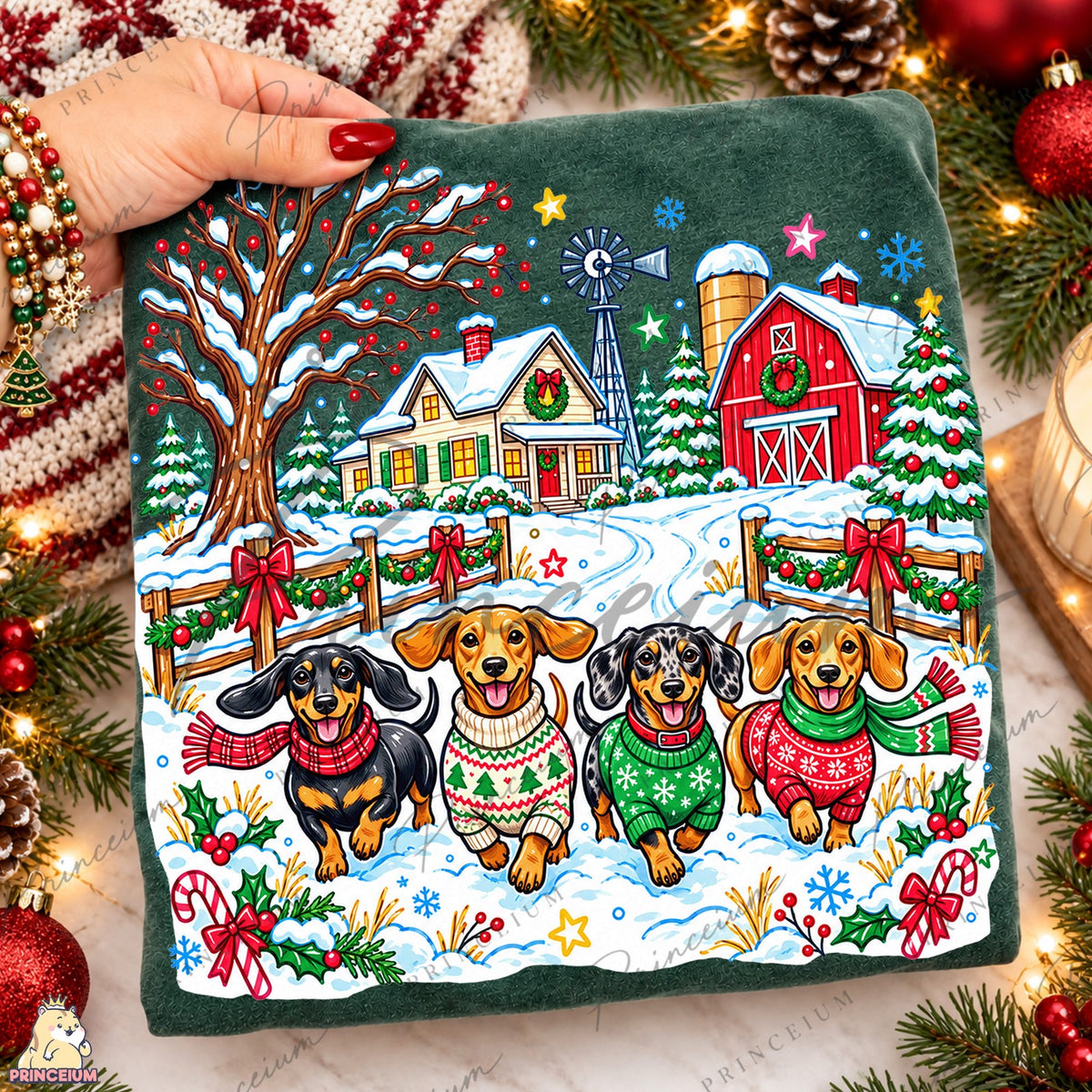 Festive Dachshunds at a Snowy Farm