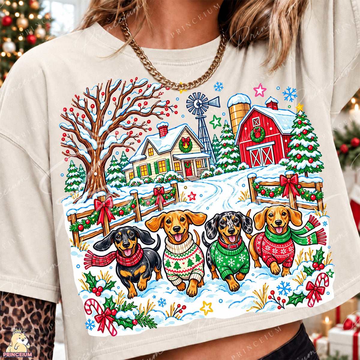 Festive Dachshunds at a Snowy Farm