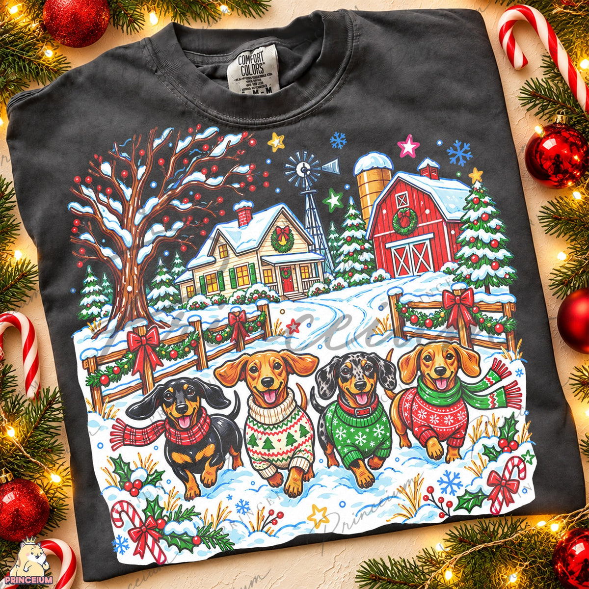 Festive Dachshunds at a Snowy Farm