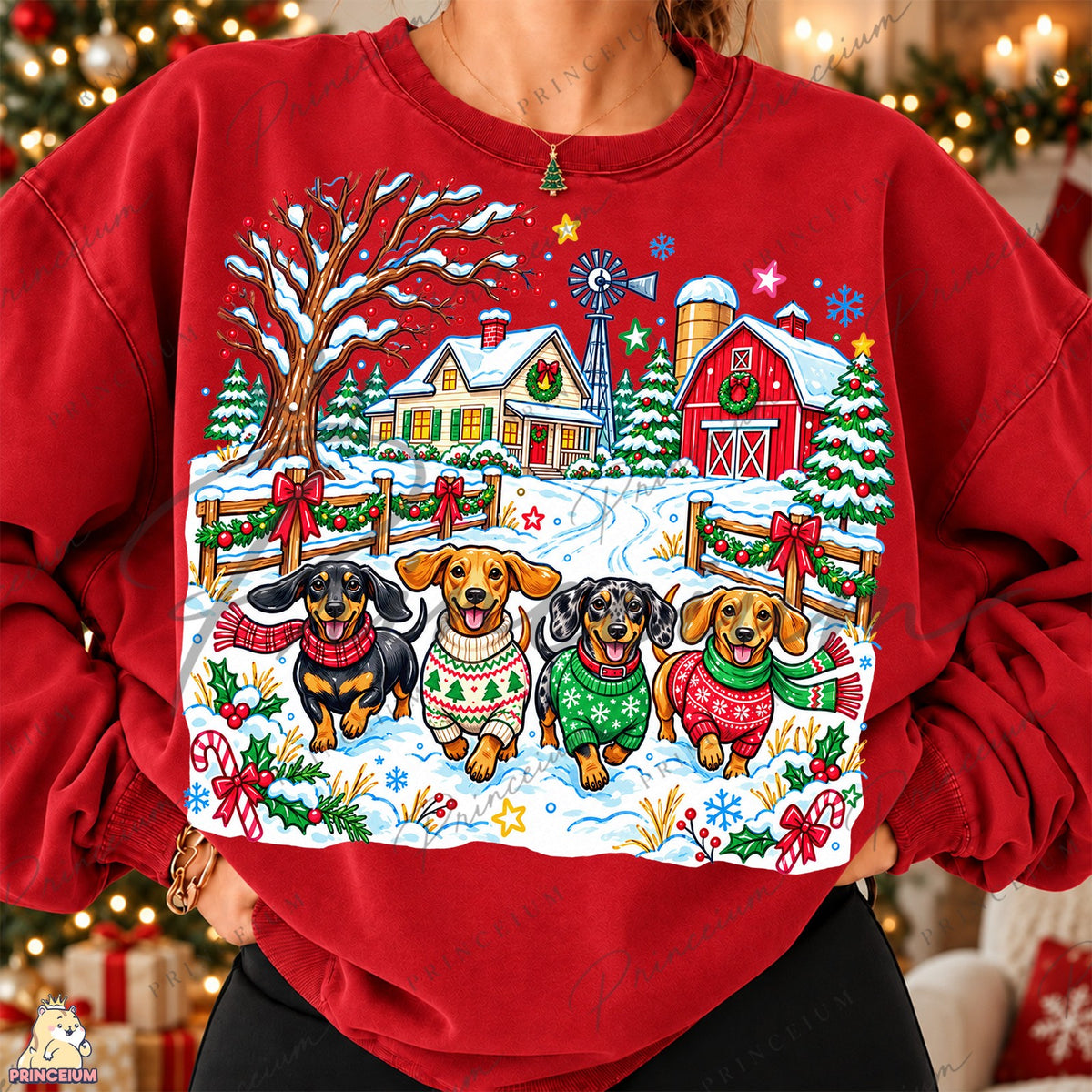 Festive Dachshunds at a Snowy Farm