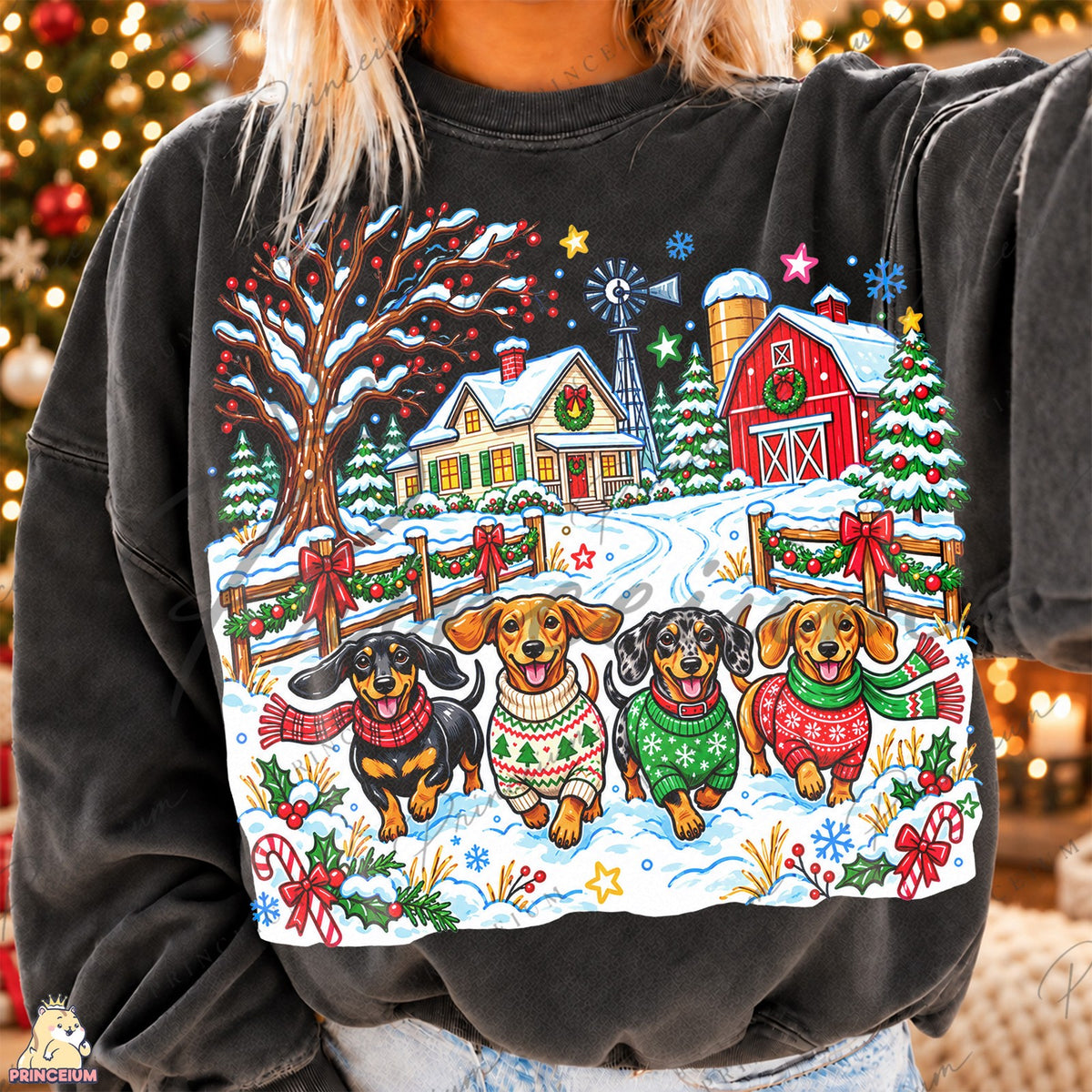 Festive Dachshunds at a Snowy Farm