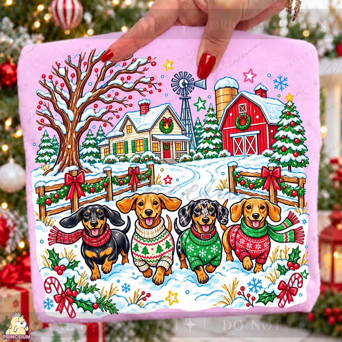 Festive Dachshunds at a Snowy Farm