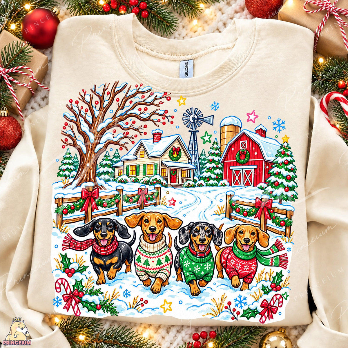 Festive Dachshunds at a Snowy Farm