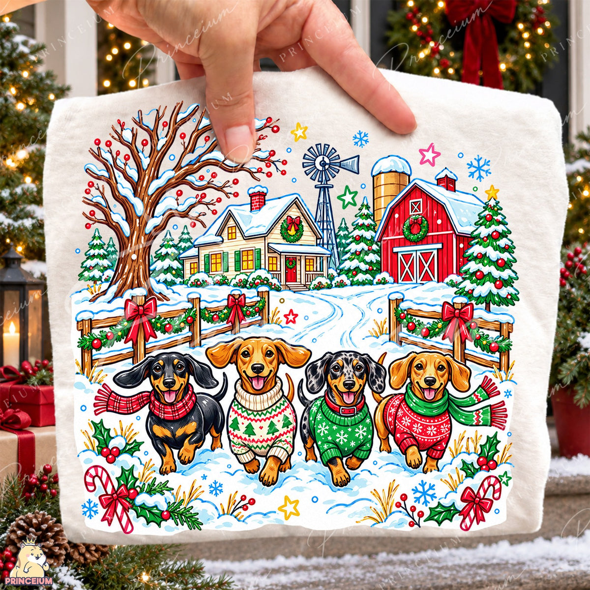 Festive Dachshunds at a Snowy Farm