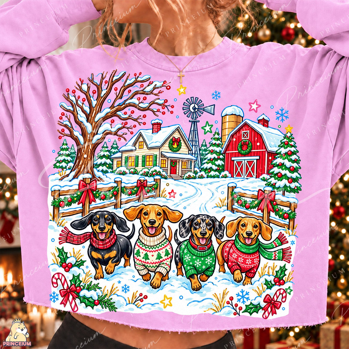 Festive Dachshunds at a Snowy Farm