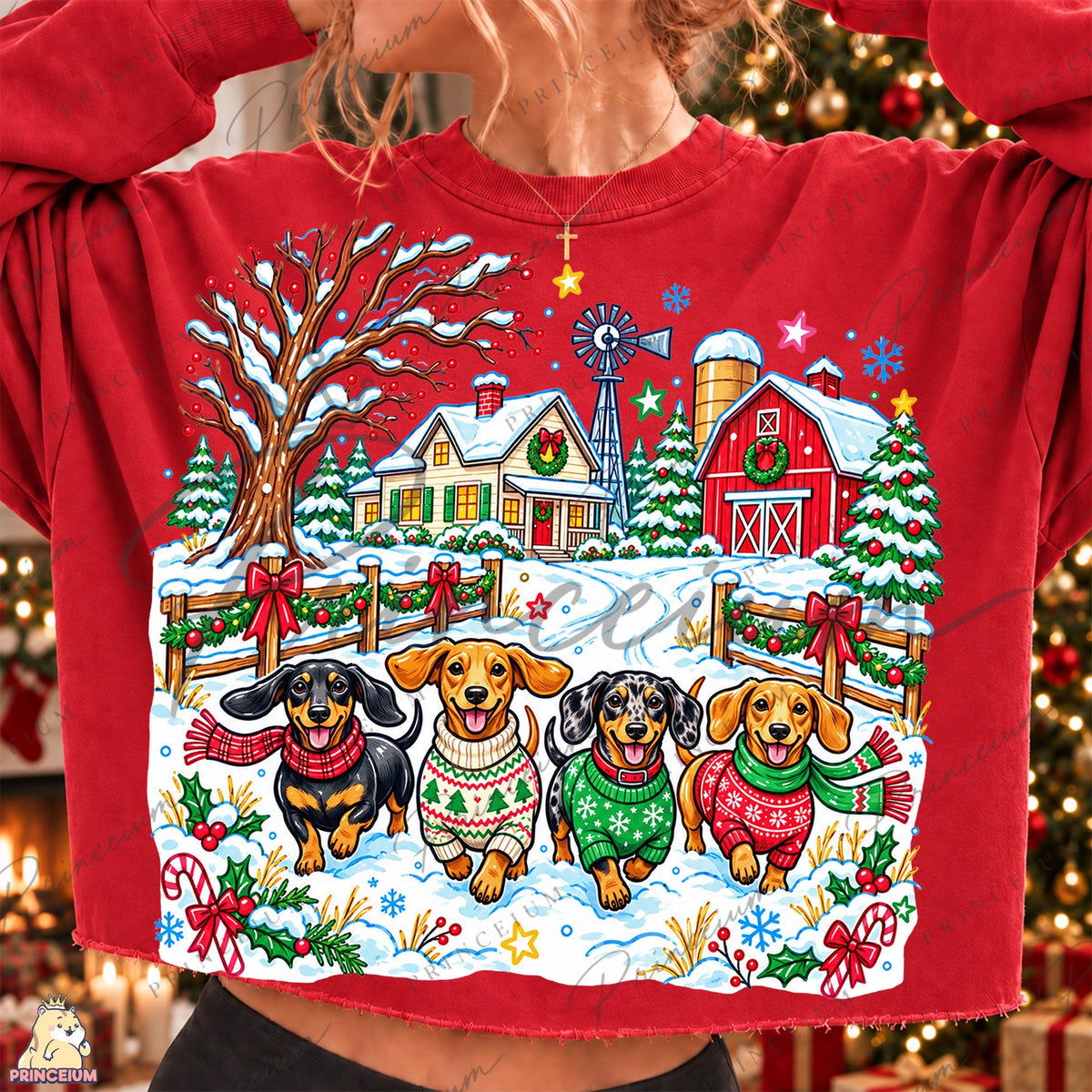 Festive Dachshunds at a Snowy Farm