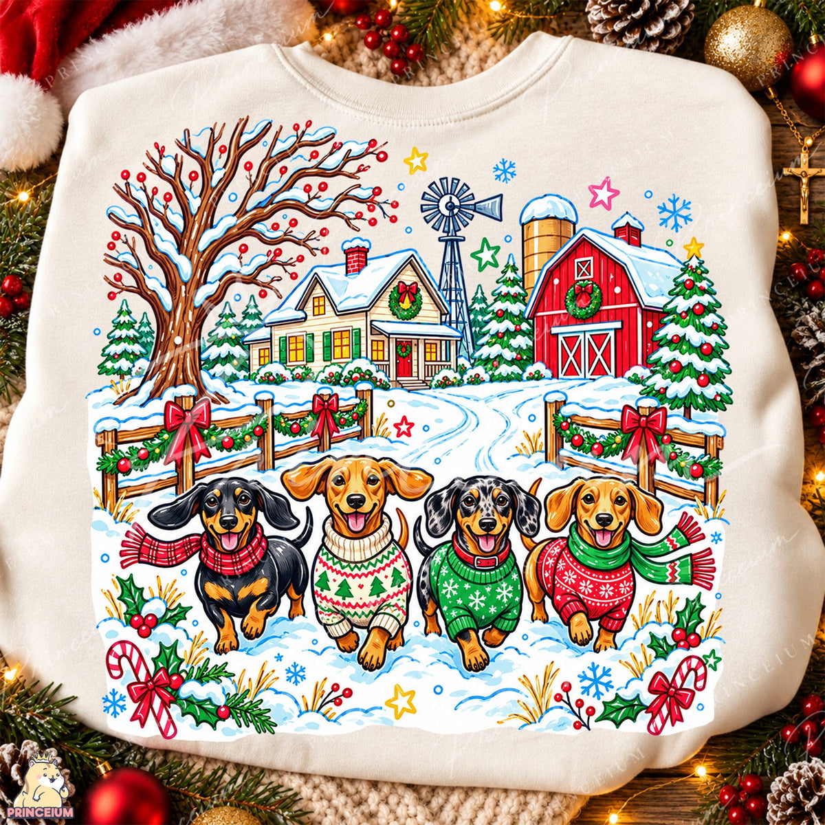 Festive Dachshunds at a Snowy Farm