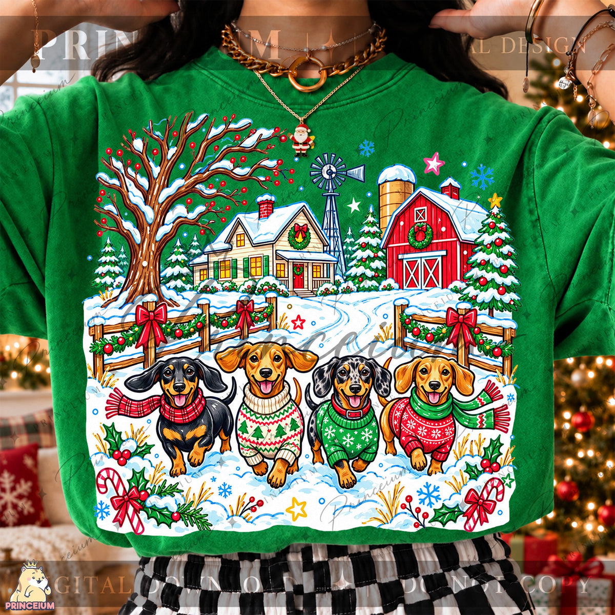Festive Dachshunds at a Snowy Farm