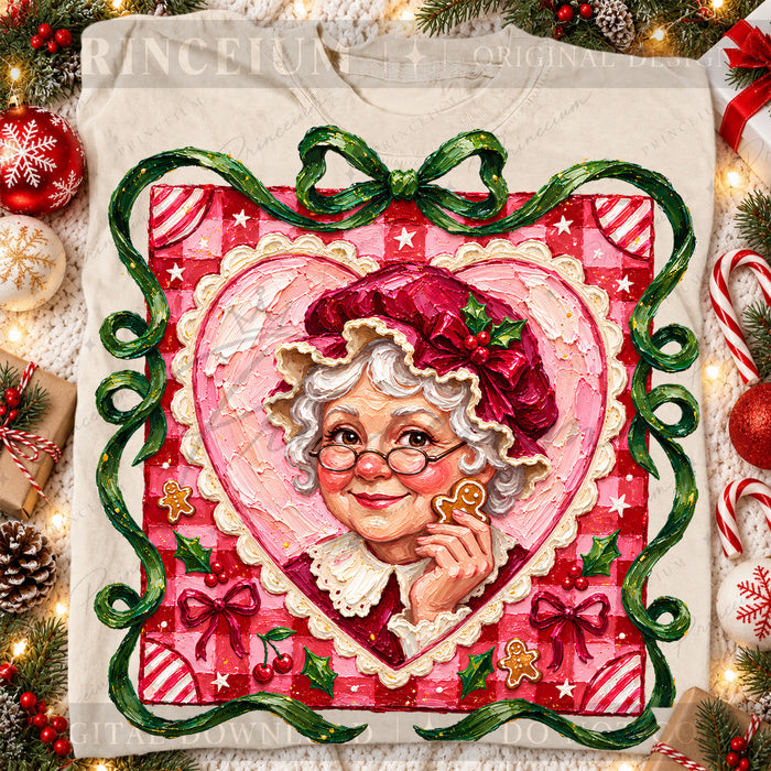 Mrs. Claus Christmas PNG – Pink Heart & Gingerbread Coquette Design | Digital Download