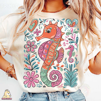 Colorful Seahorse PNG | Boho Floral Ocean Animal Sublimation Design