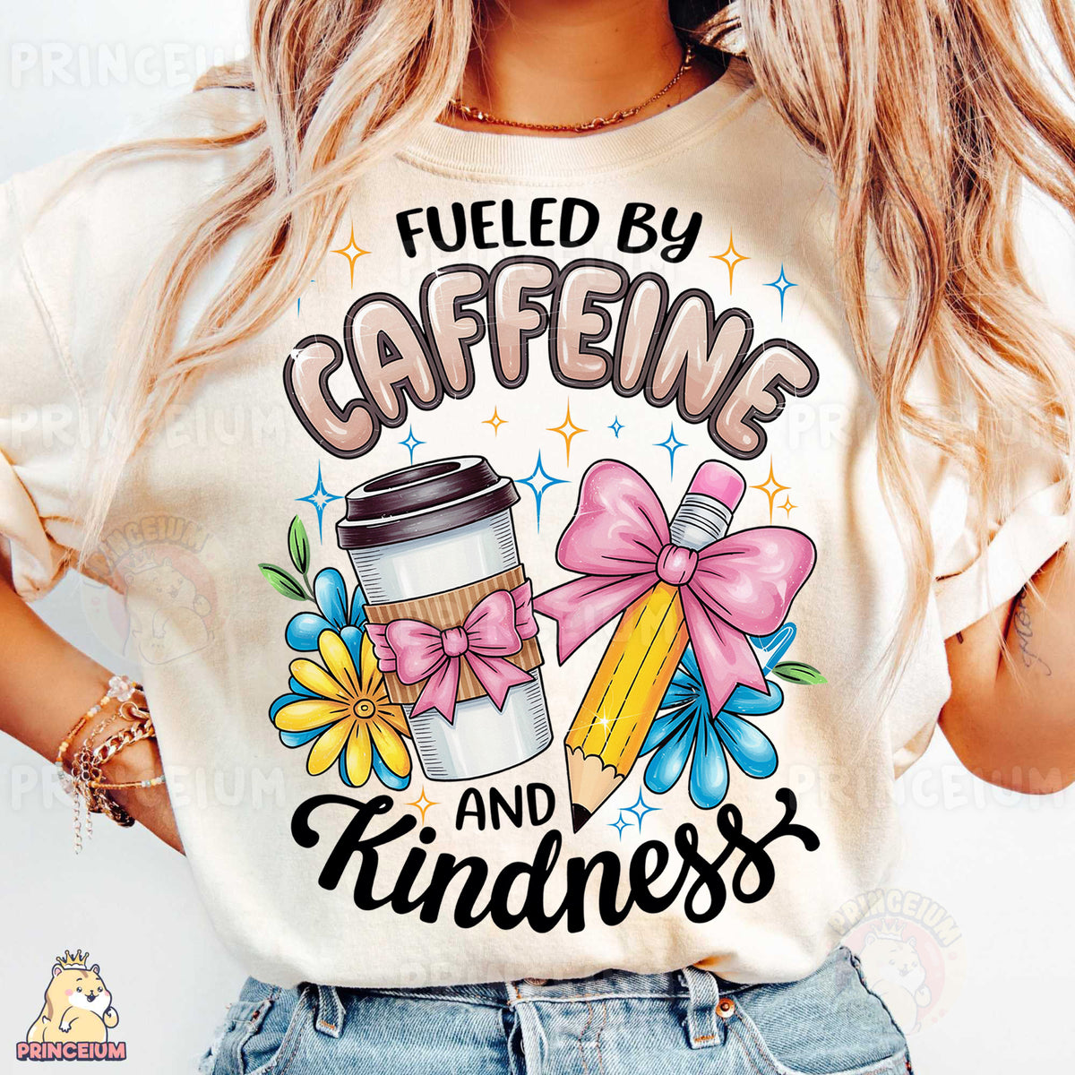 a woman wearing a t - shirt that says fueled by caffeine and kindness