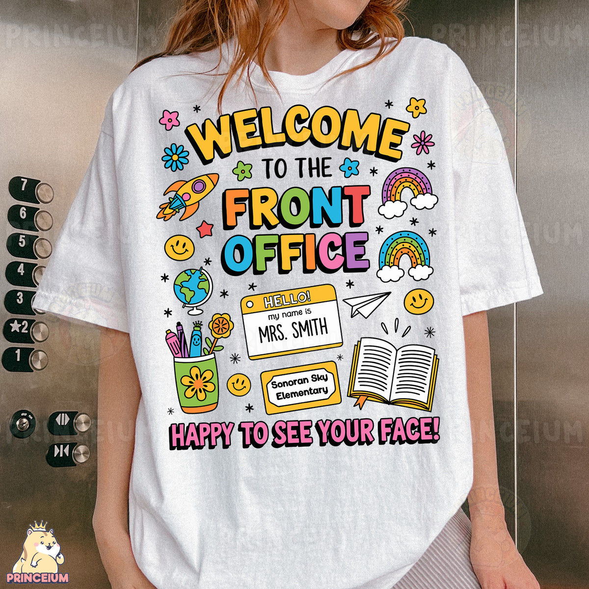 a woman wearing a t - shirt that says welcome to the front office