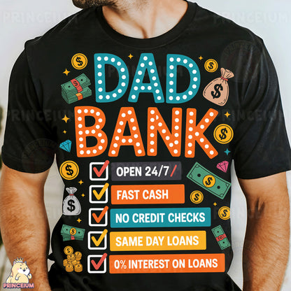 a man wearing a t - shirt that says dad bank