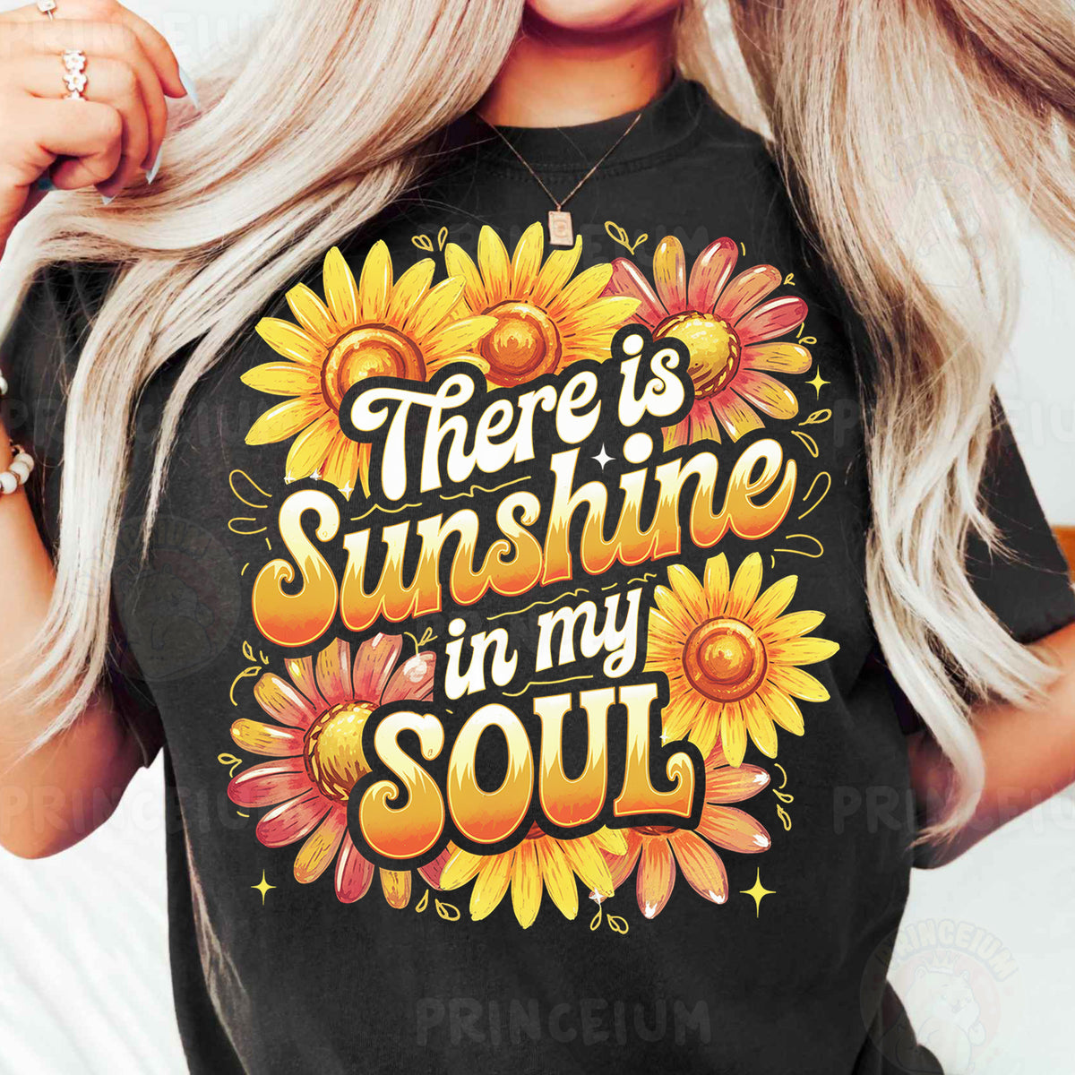 a woman wearing a black shirt that says there is sunshine in my soul