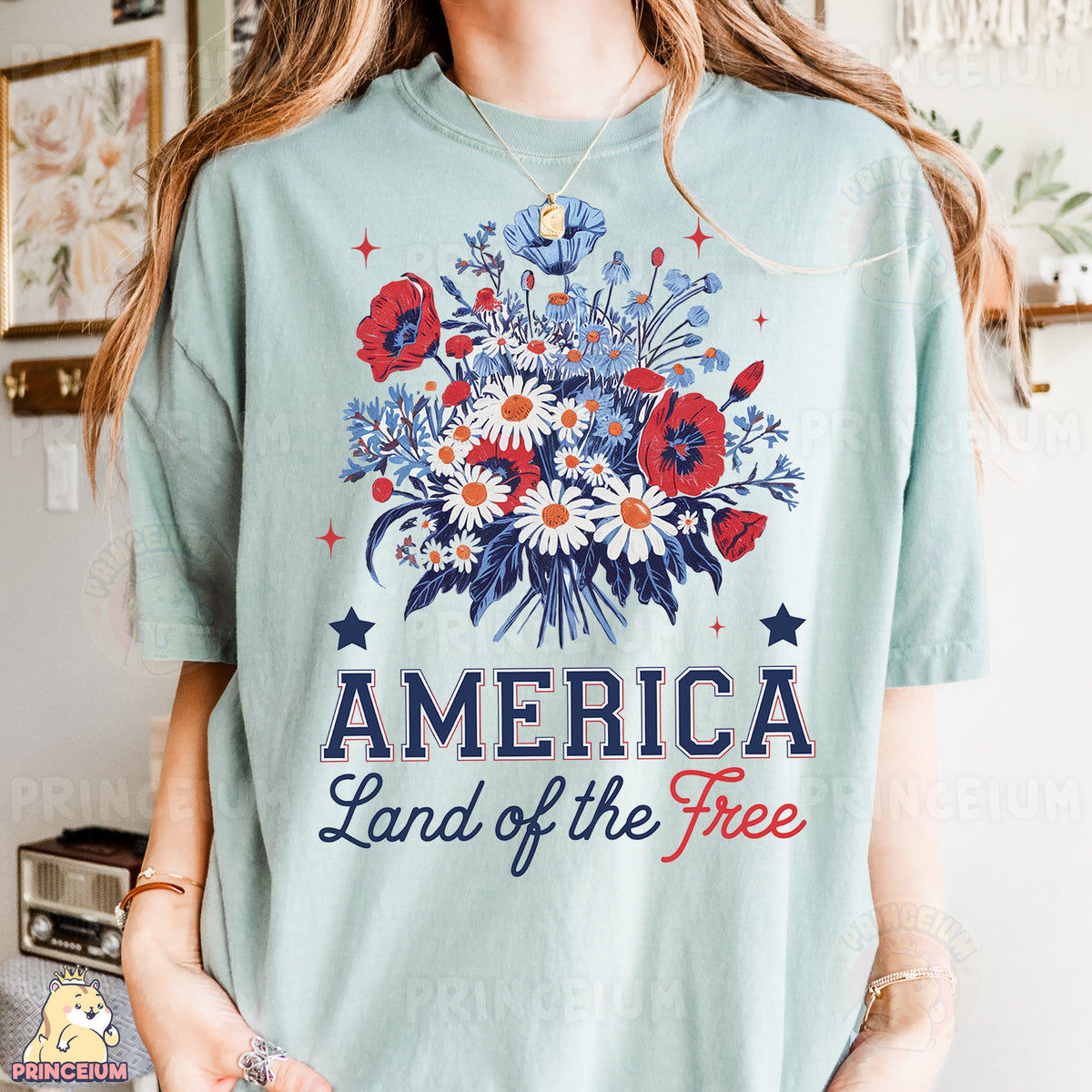 a woman wearing a t - shirt that says america land of the free