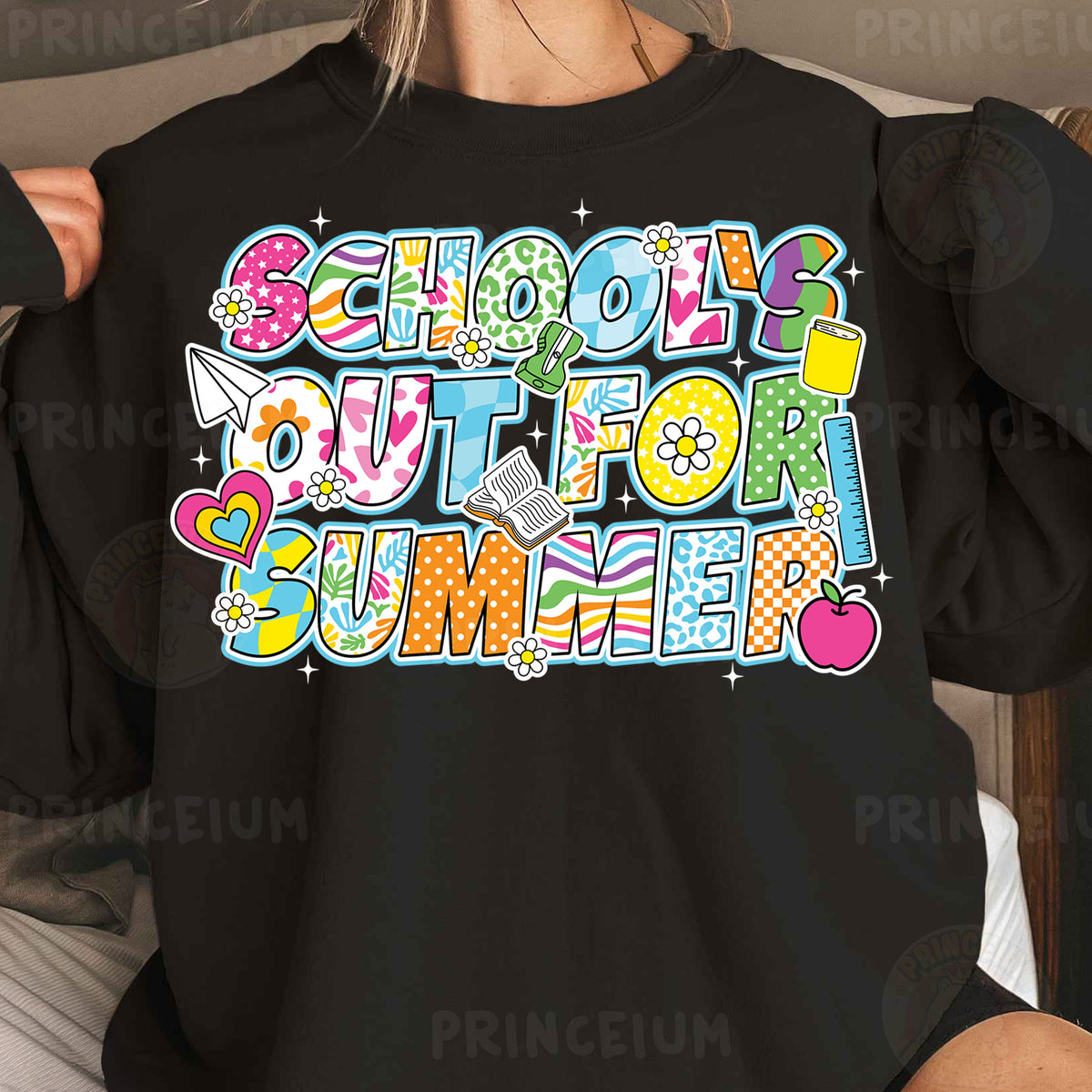 a woman wearing a black shirt that says school is out for summer