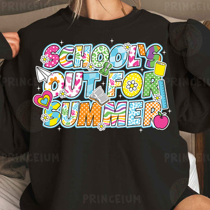 a woman wearing a black shirt that says school is out for summer