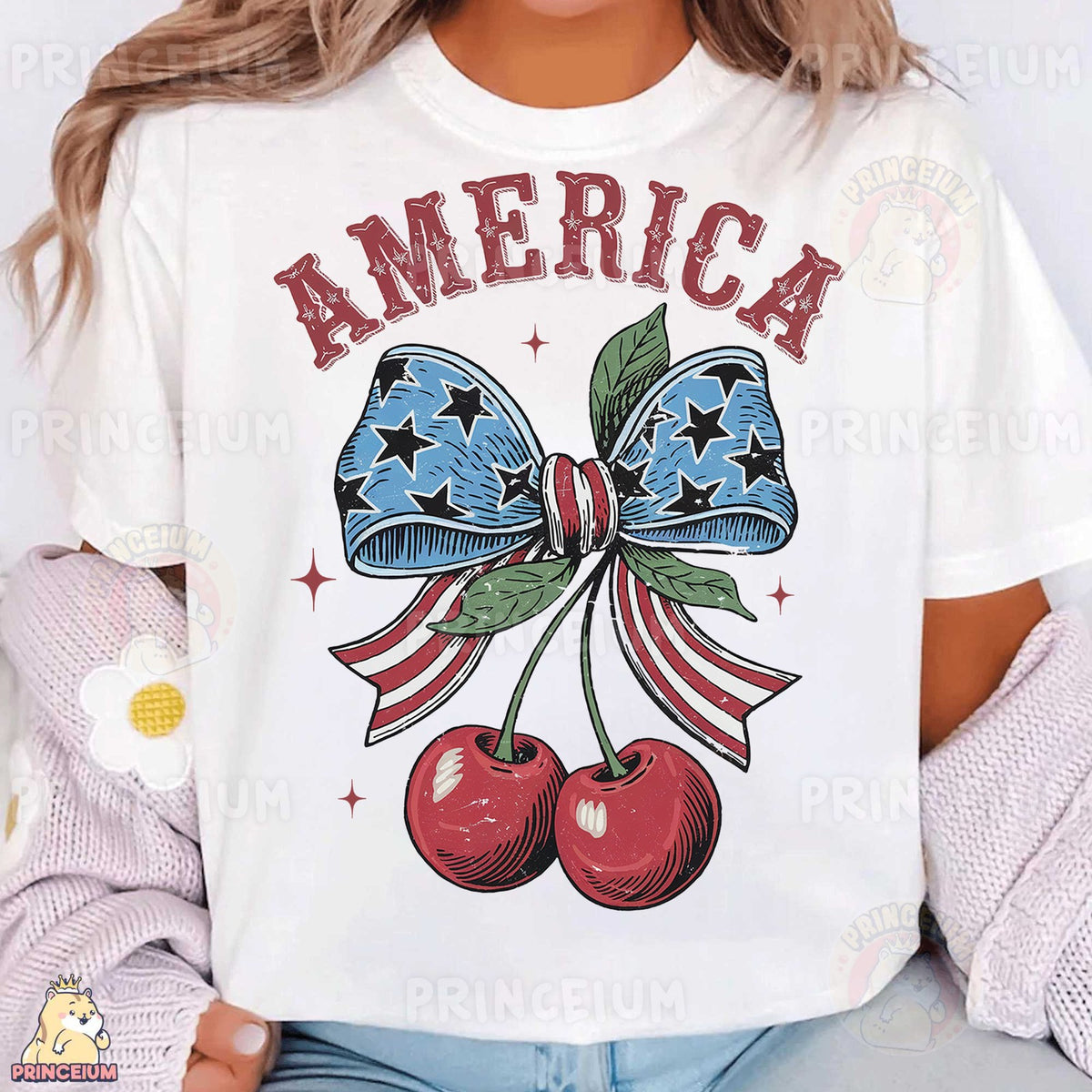 America Patriotic Bow & Cherries