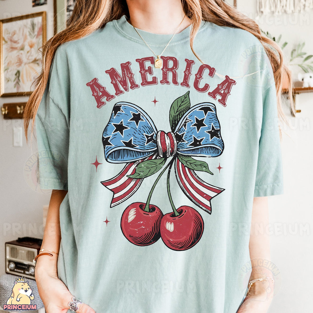America Patriotic Bow & Cherries